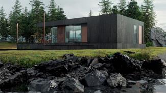 Shou Sugi Ban 70 m², vy över terrass och träfasad.