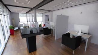 GLASS 150 m², vy över interiören i det modulära kontoret.