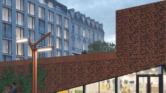High Cube - Utställningspaviljong, närbild på Corten-perforeringens mönster.
