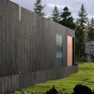 Shou Sugi Ban 70 m², vägg av bränt trä enligt japansk Shou Sugi Ban-teknik.