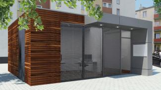 ZEZ PRO 60 m² Rombo, fasad klädd med träpaneler i nordisk gran.