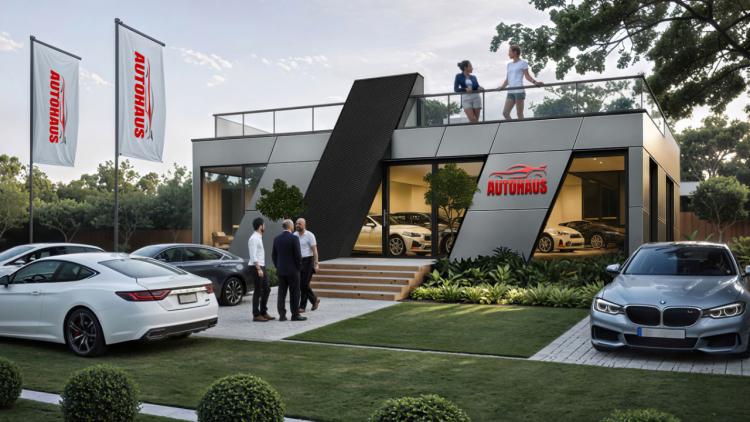 Showroom för bilar med terrass – modern modulpaviljong i ZEZ-serien på 72 m²